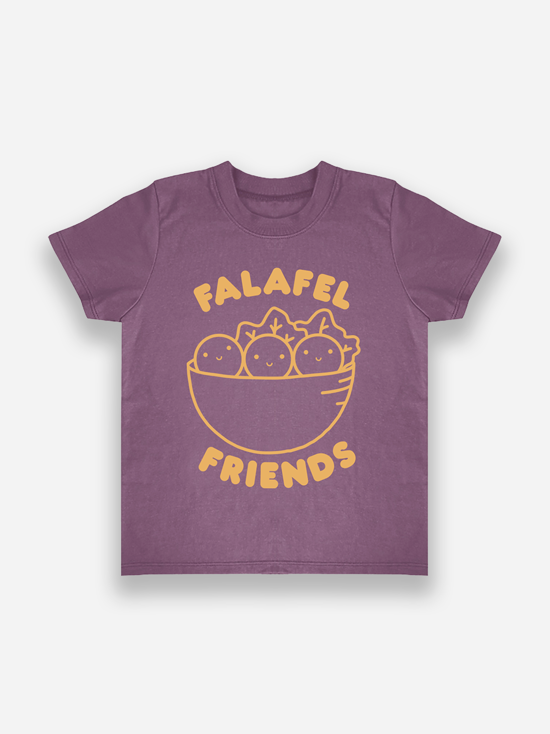 Purple t-shirt with 'Falafel Friends' graphic on a white background