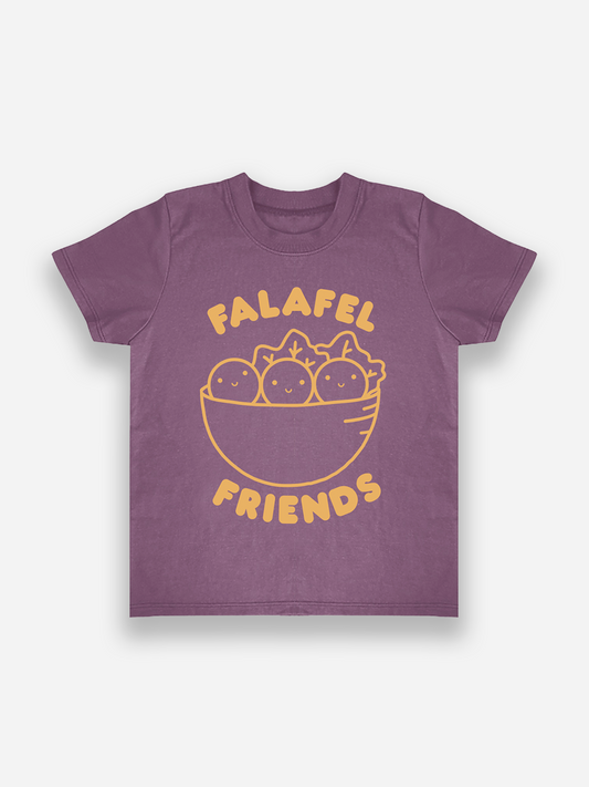 Purple t-shirt with 'Falafel Friends' graphic on a white background