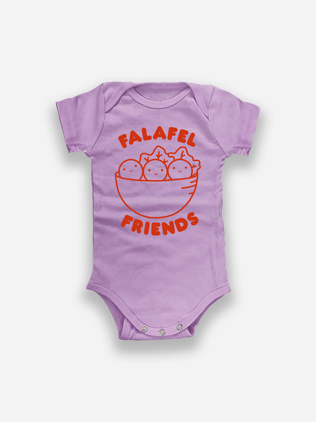 Purple baby onesie with 'Falafel Friends' text and graphic on a white background