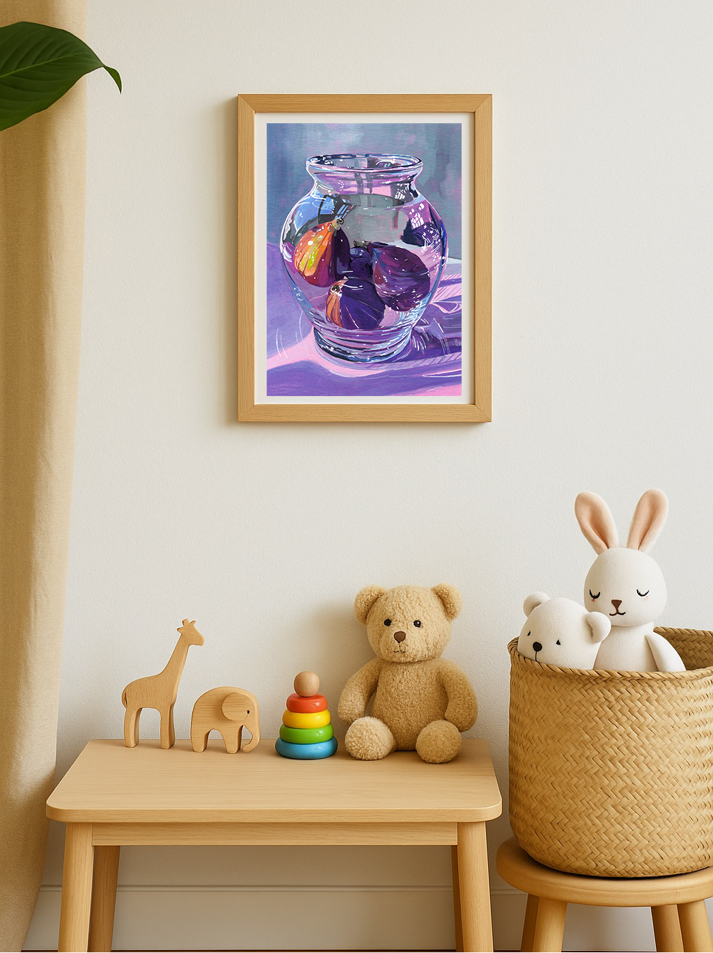 Children's toys and a framed picture of purple figs in a jar on a wall in a room.