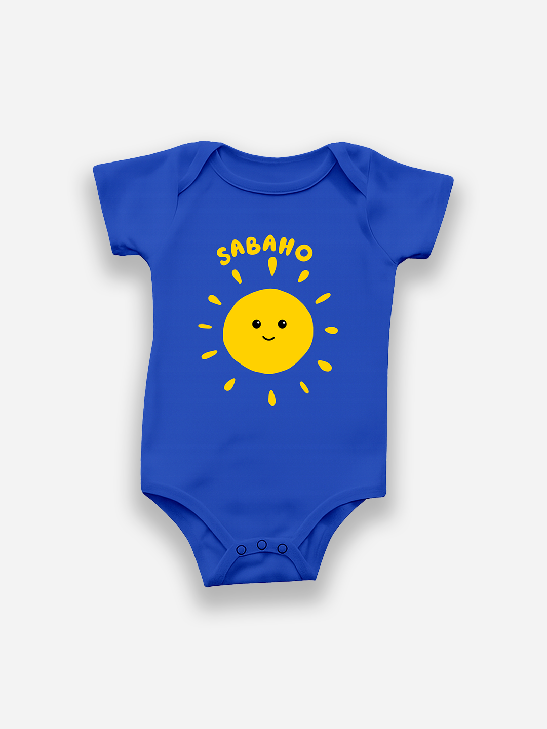 Blue baby onesie with a yellow sun design and 'SABAHO' text on a white background