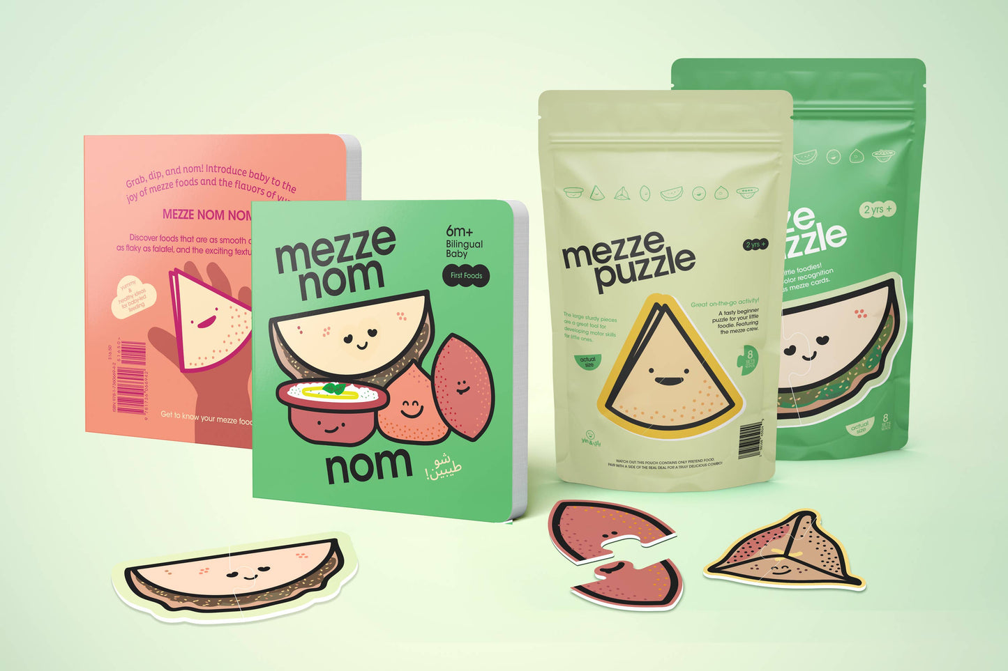 Mezze puzzle packaging and stickers with a light green background, alongside mezze-related books