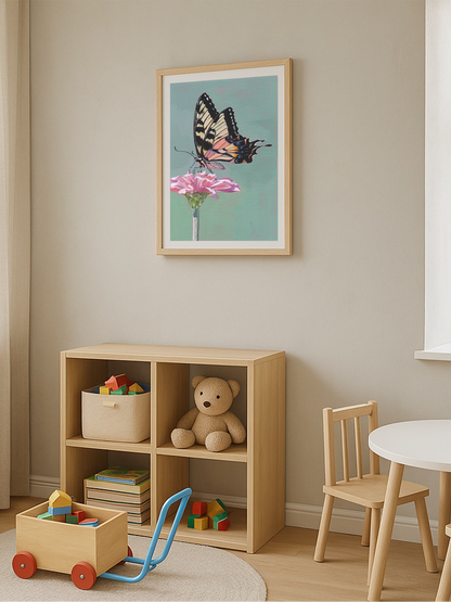 Children's room with wooden shelf, toys, and a framed picture of a butterfly on a flower.
