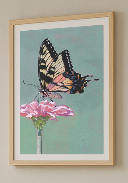 Framed artwork of a butterfly on a pink flower against a light blue background