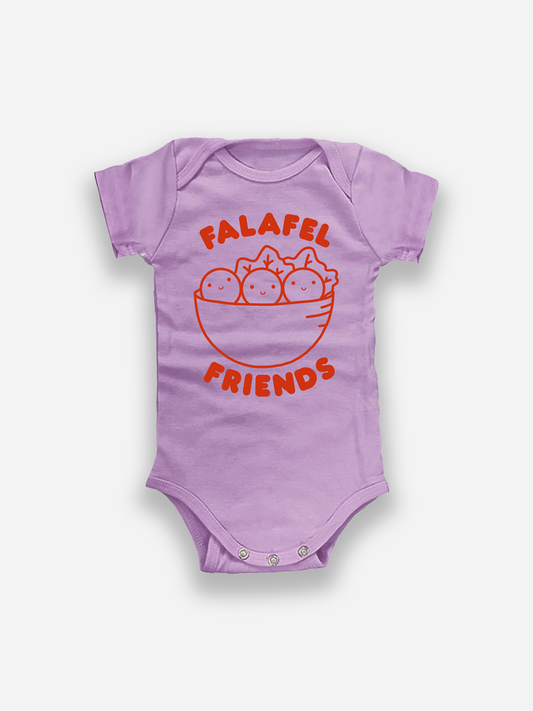 Purple baby onesie with 'Falafel Friends' text and graphic on a white background