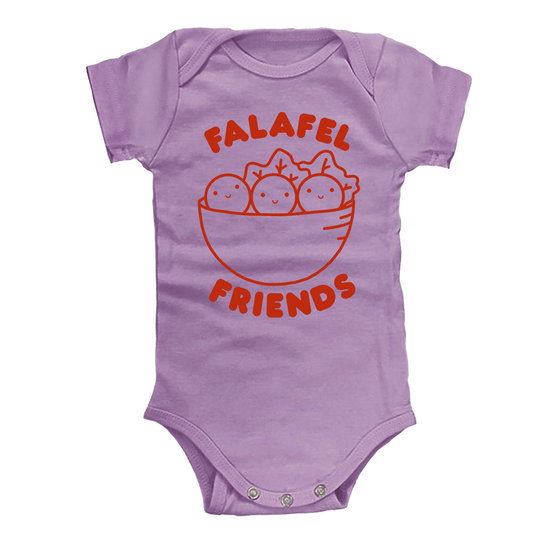 Purple baby bodysuit with red 'Falafel Friends' design on a white background