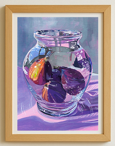 Framed artwork of a glass vase with figs inside on a purple background