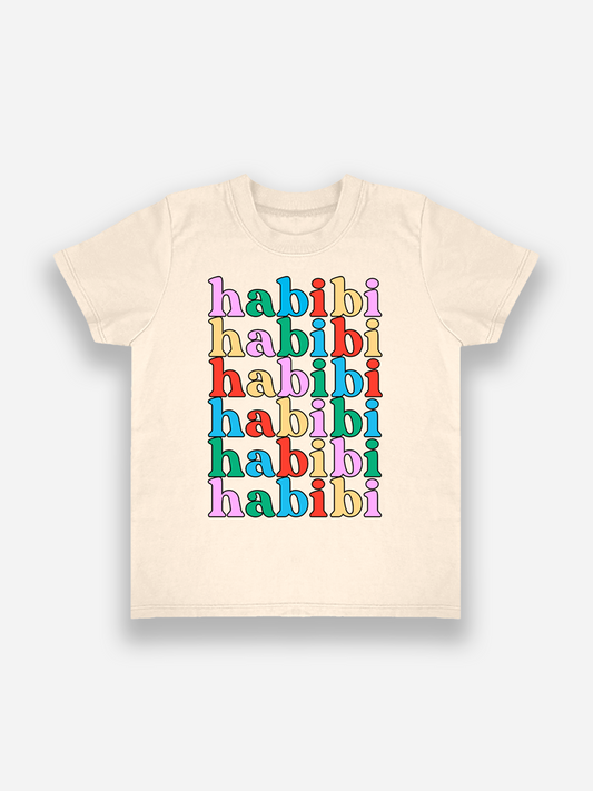 Beige t-shirt with 'habibi' in colorful letters on a white background