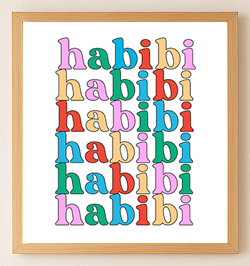 Framed artwork with 'habibi' in colorful letters on a white background