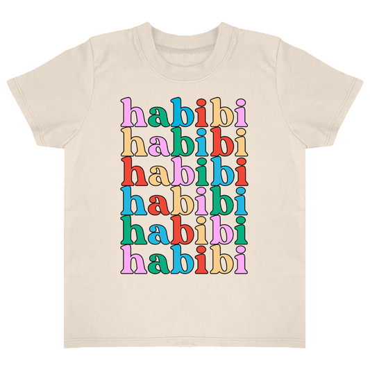 Natural color t-shirt with 'habibi' in colorful letters on a white background