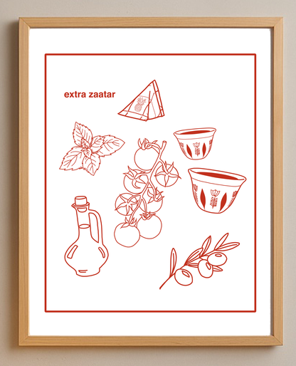 Framed artwork with words 'extra zaatar' and red line drawings of a Levantine breakfast on a white background