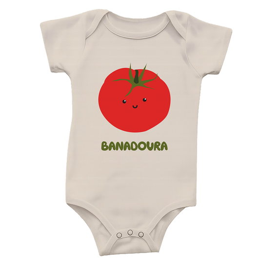 Natural color baby bodysuit with a cartoon tomato design and 'BANADOURA' text on a white background