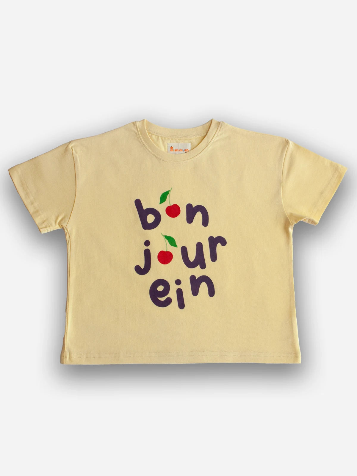 Yellow Bonjourein kids tee with cherry lettering