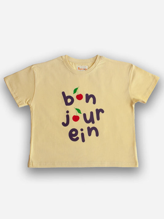 Yellow Bonjourein kids tee with cherry lettering