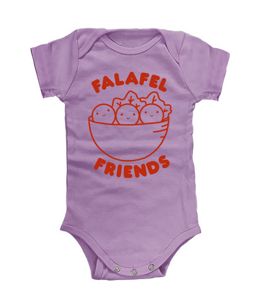 Purple baby onesie with 'Falafel Friends' text and graphic on a white background