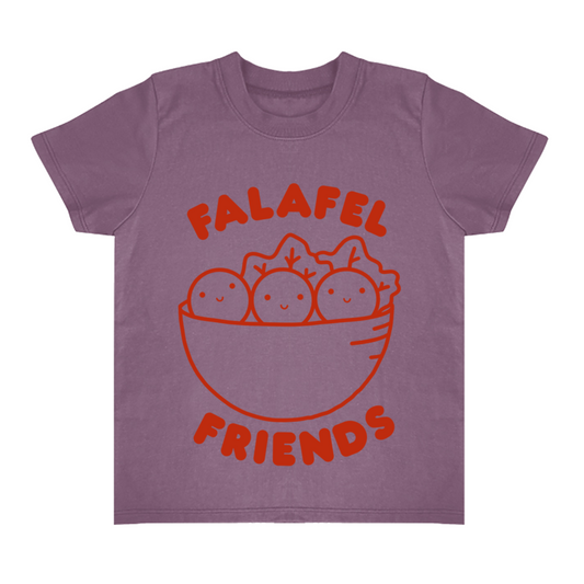 Purple t-shirt with red 'Falafel Friends' graphic on a white background