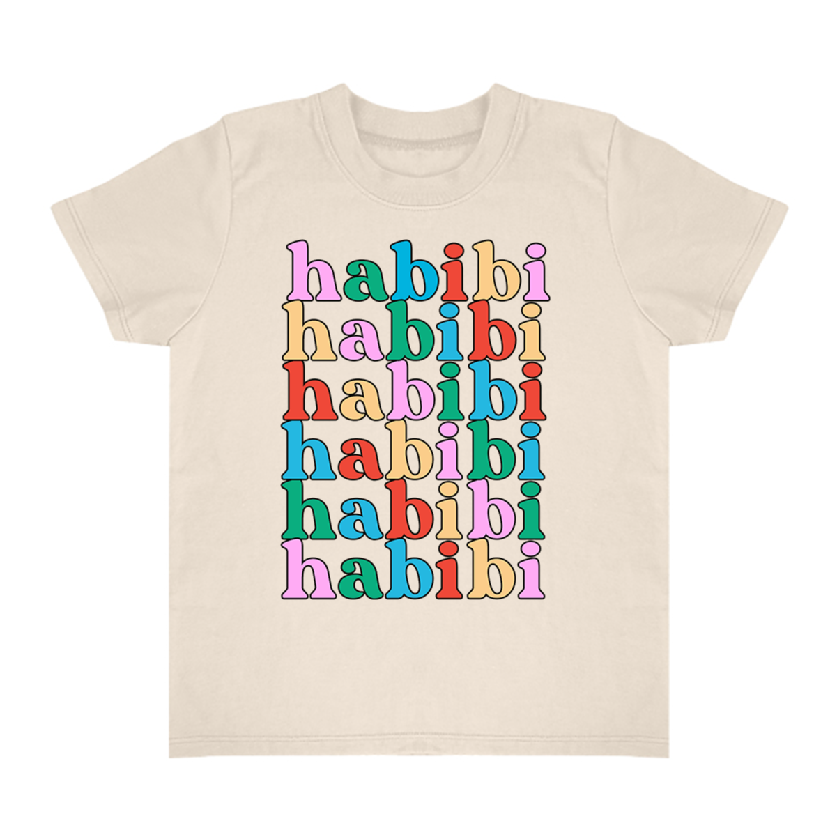 Beige t-shirt with 'habibi' text in colorful letters on a white background