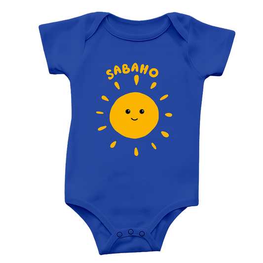 Blue baby onesie with a yellow sun design and 'SABAHO' text on a white background