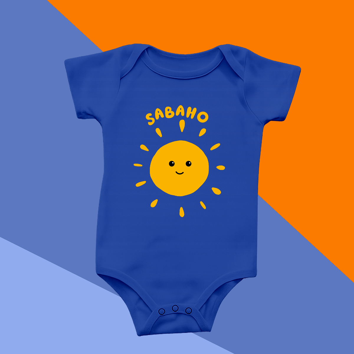 Blue baby onesie with a yellow sun design and 'SABAHO' text on a blue and orange background