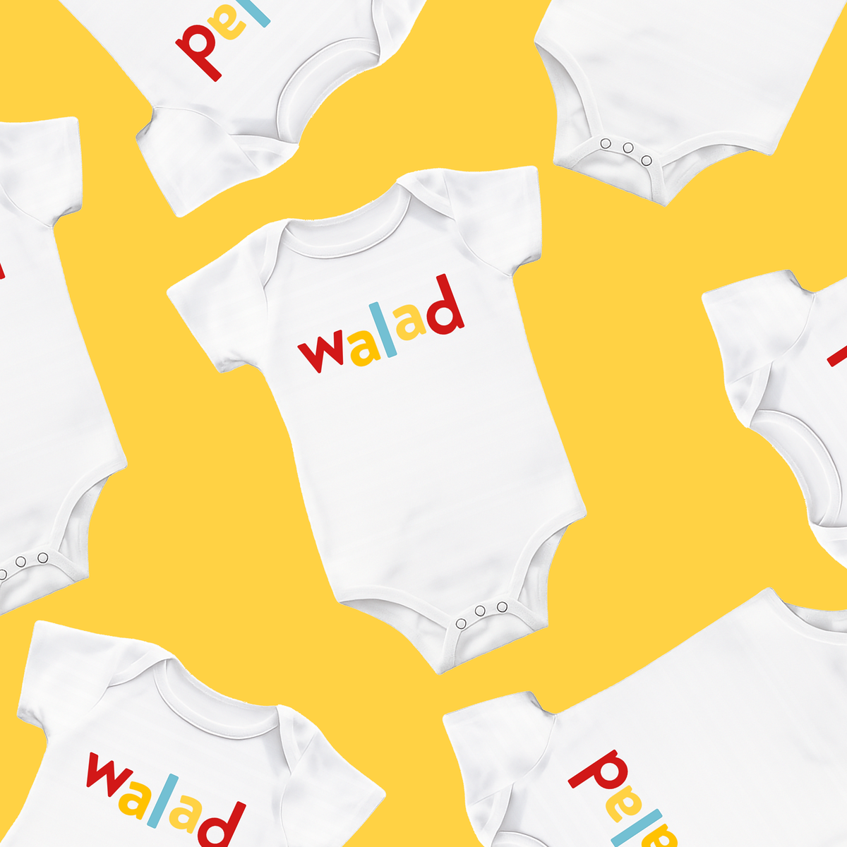 White baby onesies with 'Walad' text on a yellow background